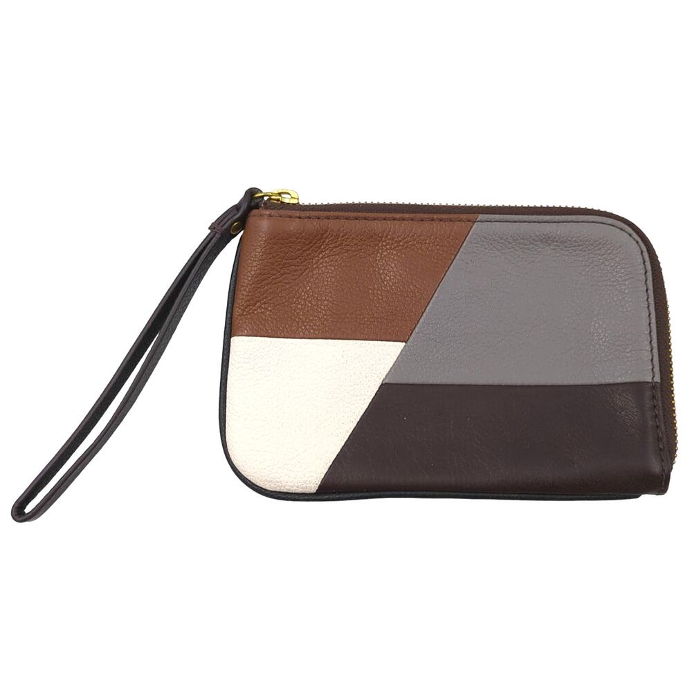 Fossil Leather Clutch Wristlet Wallet Zip Around Patch Work Pattern Small 6x4 in